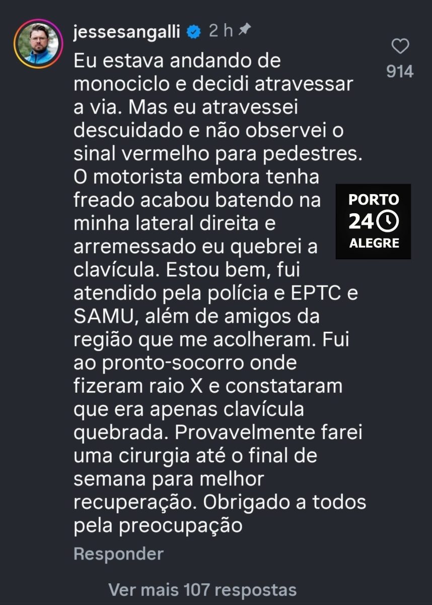 Vereador re
Vereador comenta sobre seu estado de saúde em publicação do Porto Alegre 24 Horas 